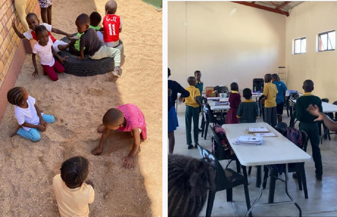 Zwei Fotos: Links spielende Kindergartenkinder rechts: Szene bei der Hausaufgabenbetreuung (Study time) mit der Musikanlage